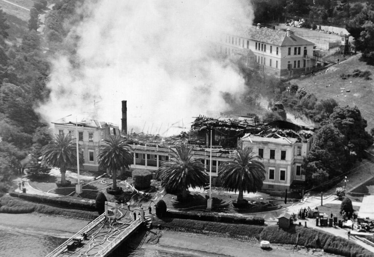 Burning administration building on Angel Island, 1940