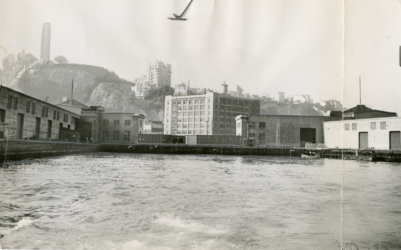 View of San Francisco waterfront from the bay with Telegraph Hill and Coit Tower, 1945