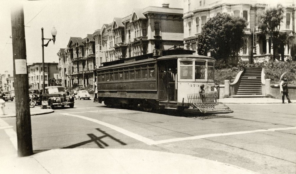 Streetcar at the intersection of Haight and Buchanan streets, 1940s