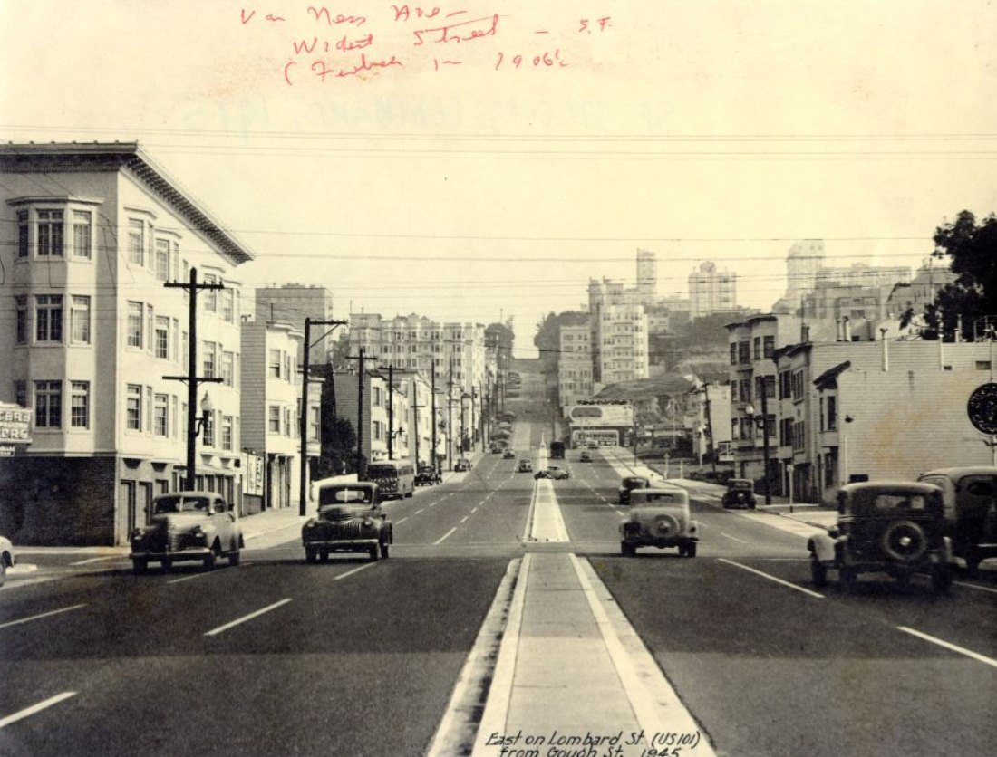 East on Lombard Street (US 101) from Gough Street, 1945