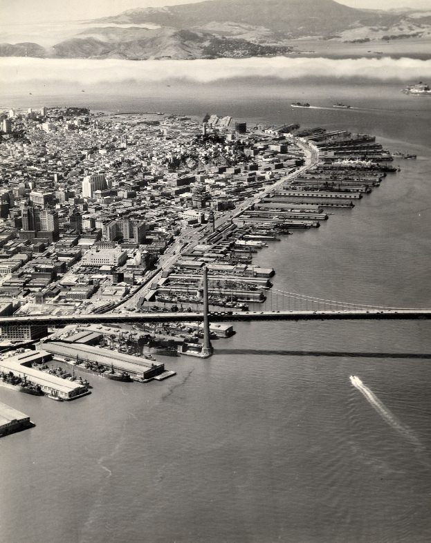 Aerial view of San Francisco waterfront showing the Ferry Building and Bay Bridge, 1945