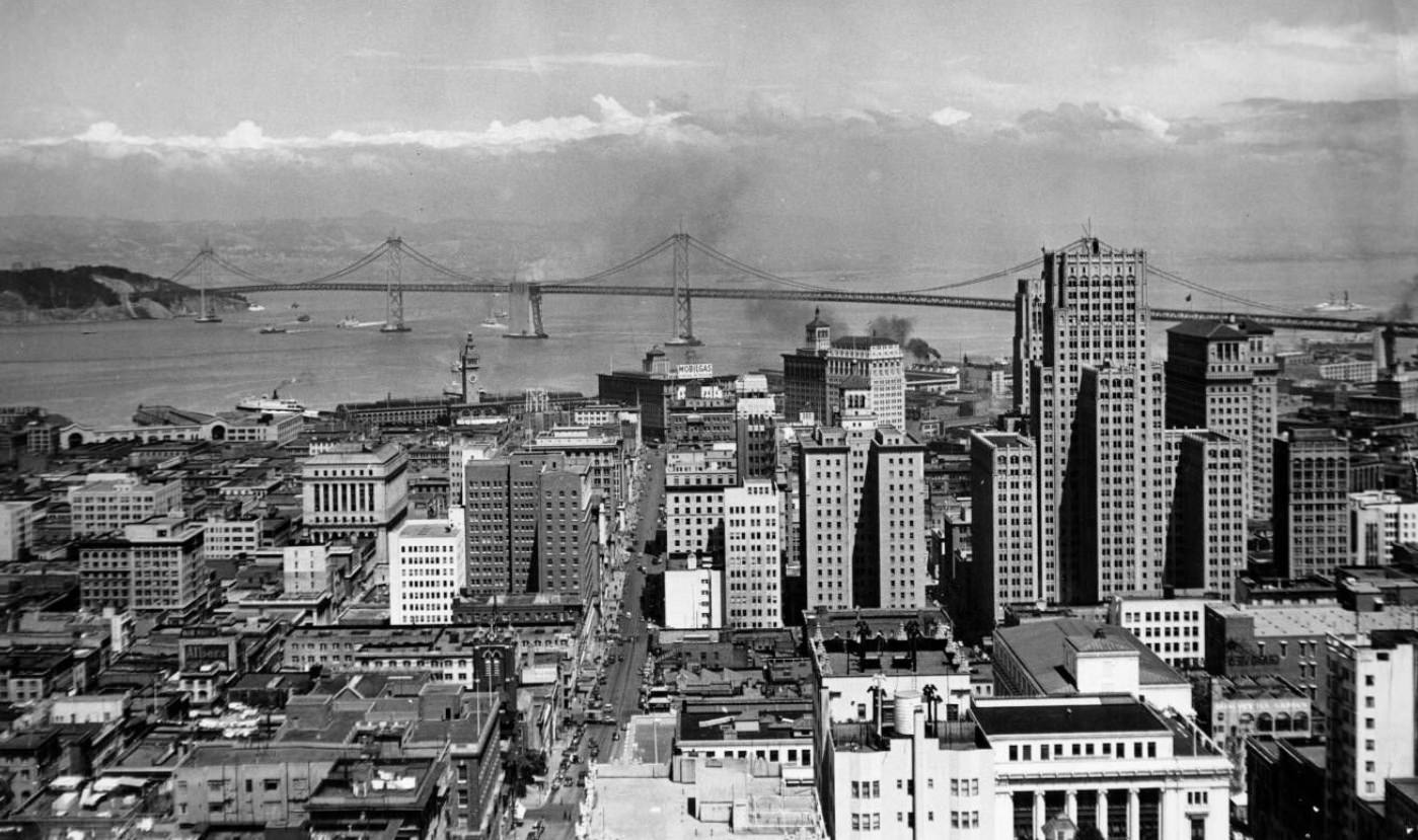 View of Bay Bridge from the Mark Hopkins hotel, 1947