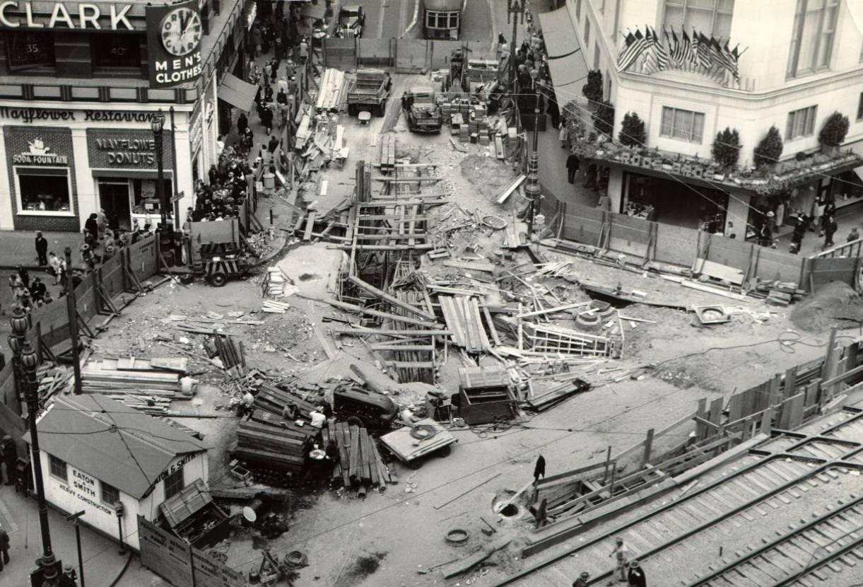 Construction of the Muni "F" line extension at Stockton and Market streets, 1947