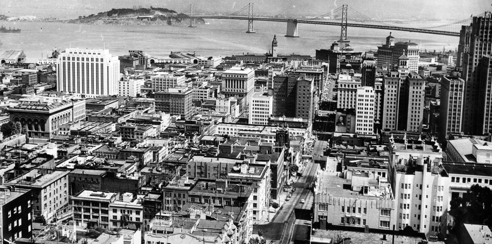 View of downtown and Bay Bridge from Nob Hill, 1944