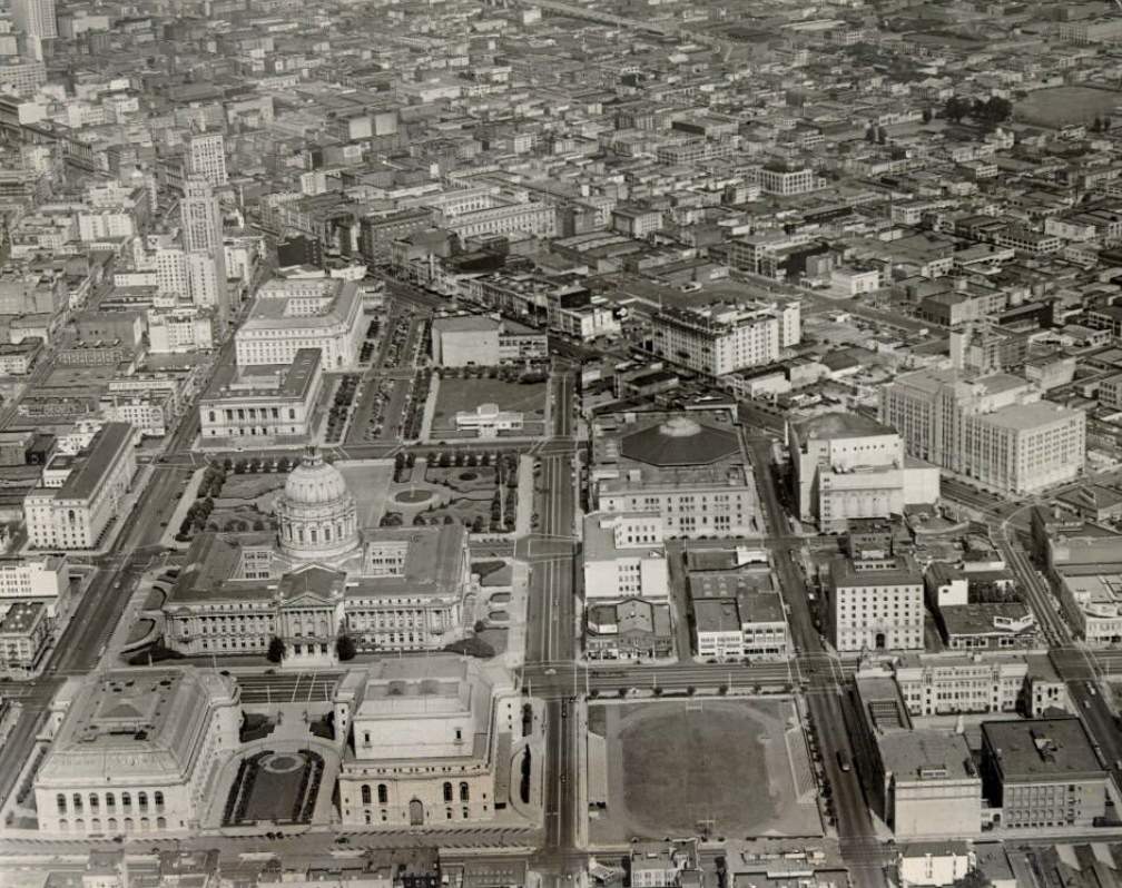 Aerial view of Civic Center, 1947