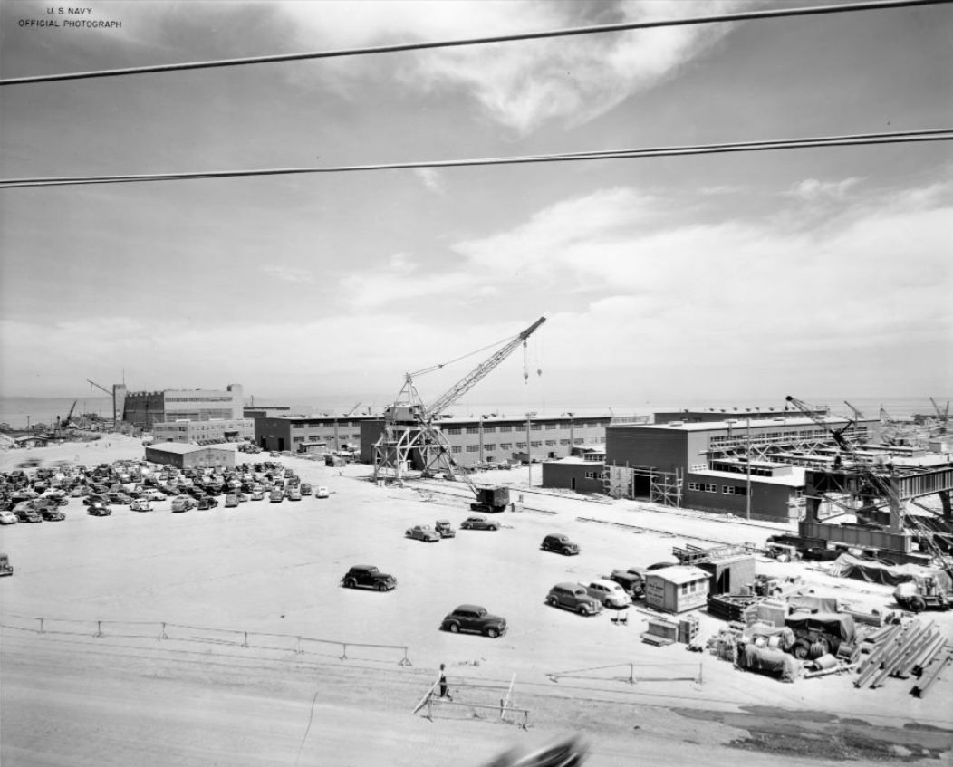 View of new shops and cranes under construction at Hunters Point Naval Drydocks, 1943