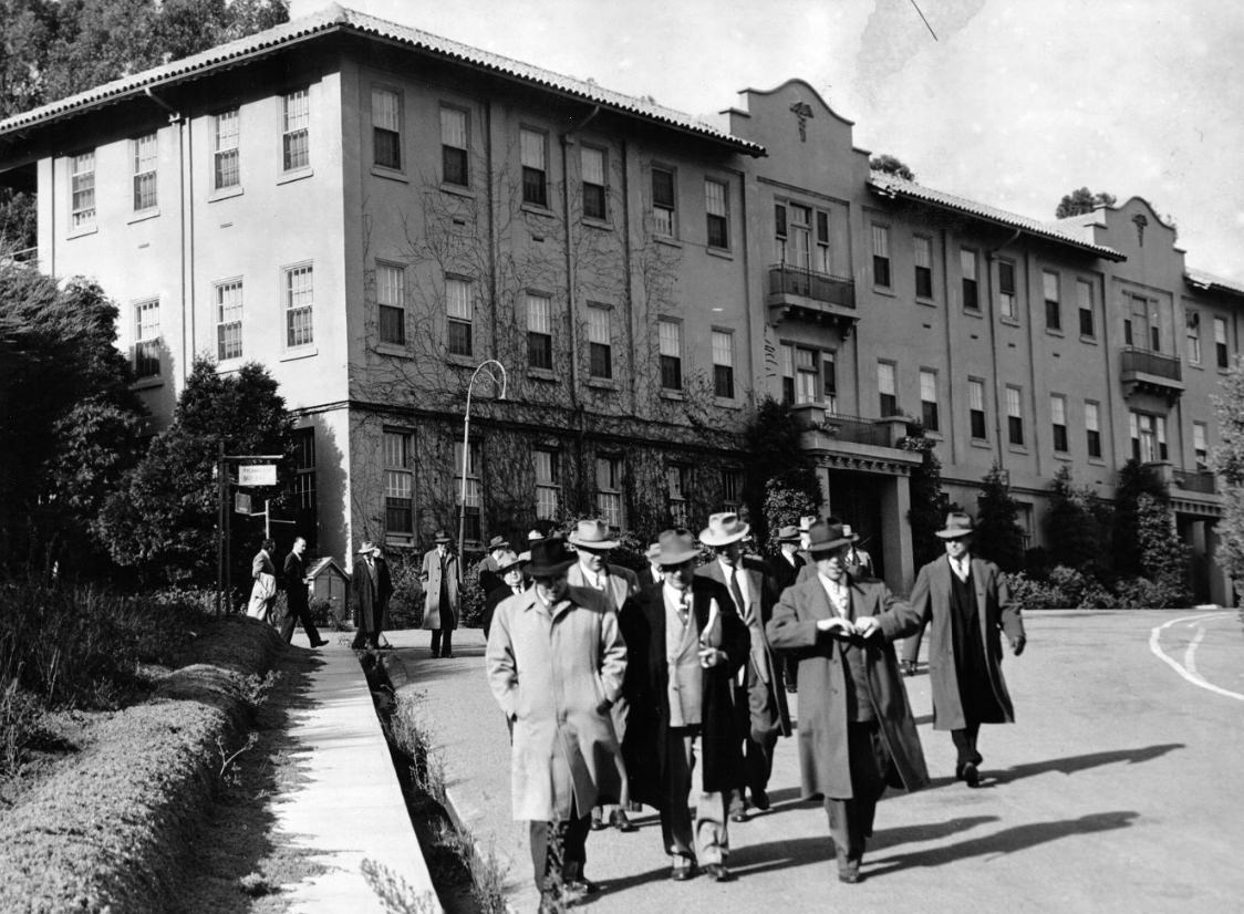 San Francisco civic and civil leaders inspect Fort McDowell's hospital on Angel Island, 1948