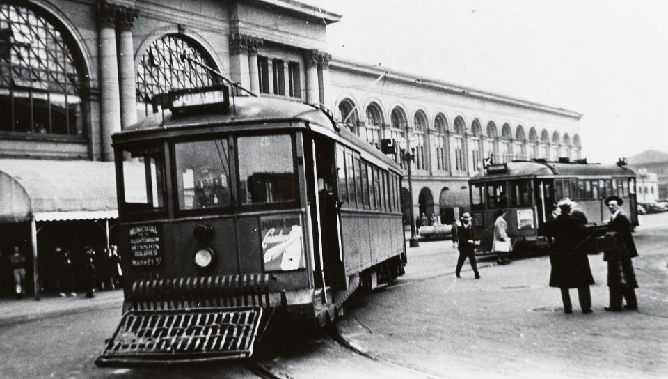 Streetcars in front of the Ferry Building, 1940s