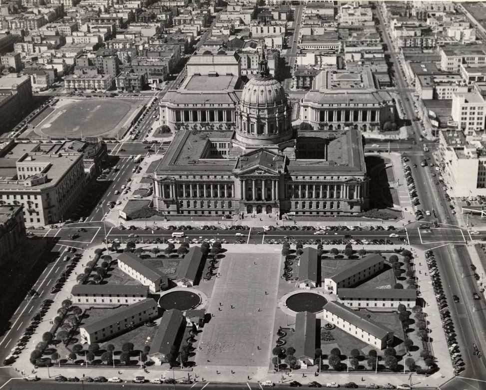 Aerial view of City Hall and Civic Center, 1945