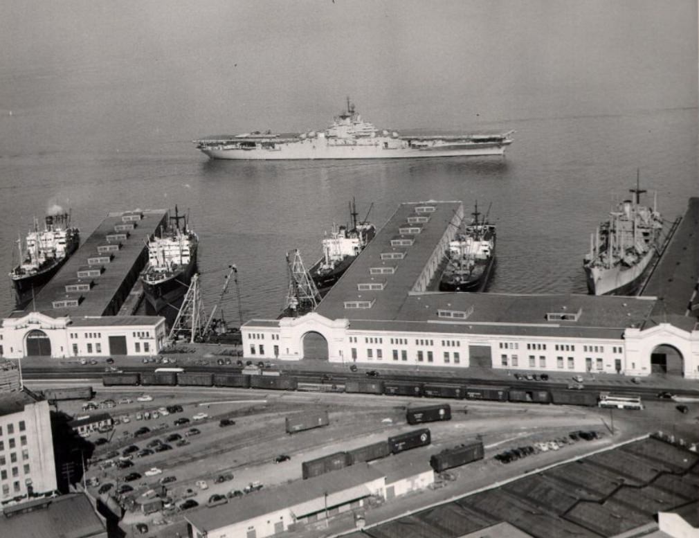 USS Antietem passing Pier 34 at the San Francisco waterfront, 1948