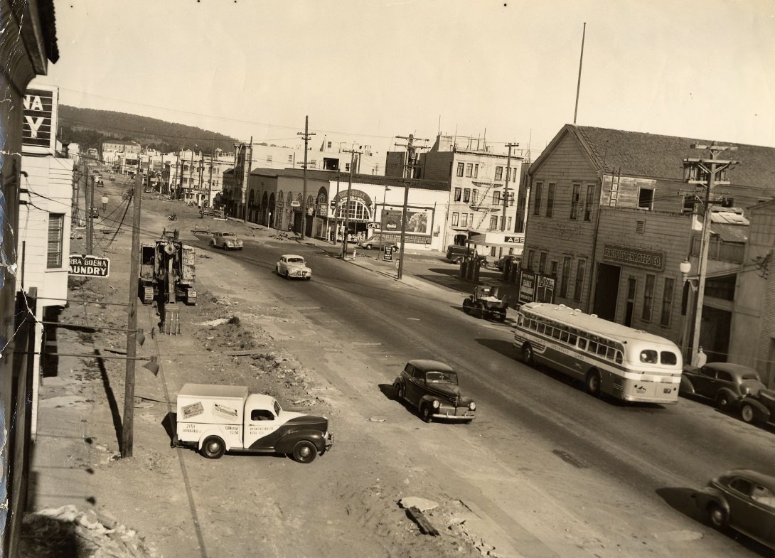 Lombard Street from Fillmore during widening project, 1942