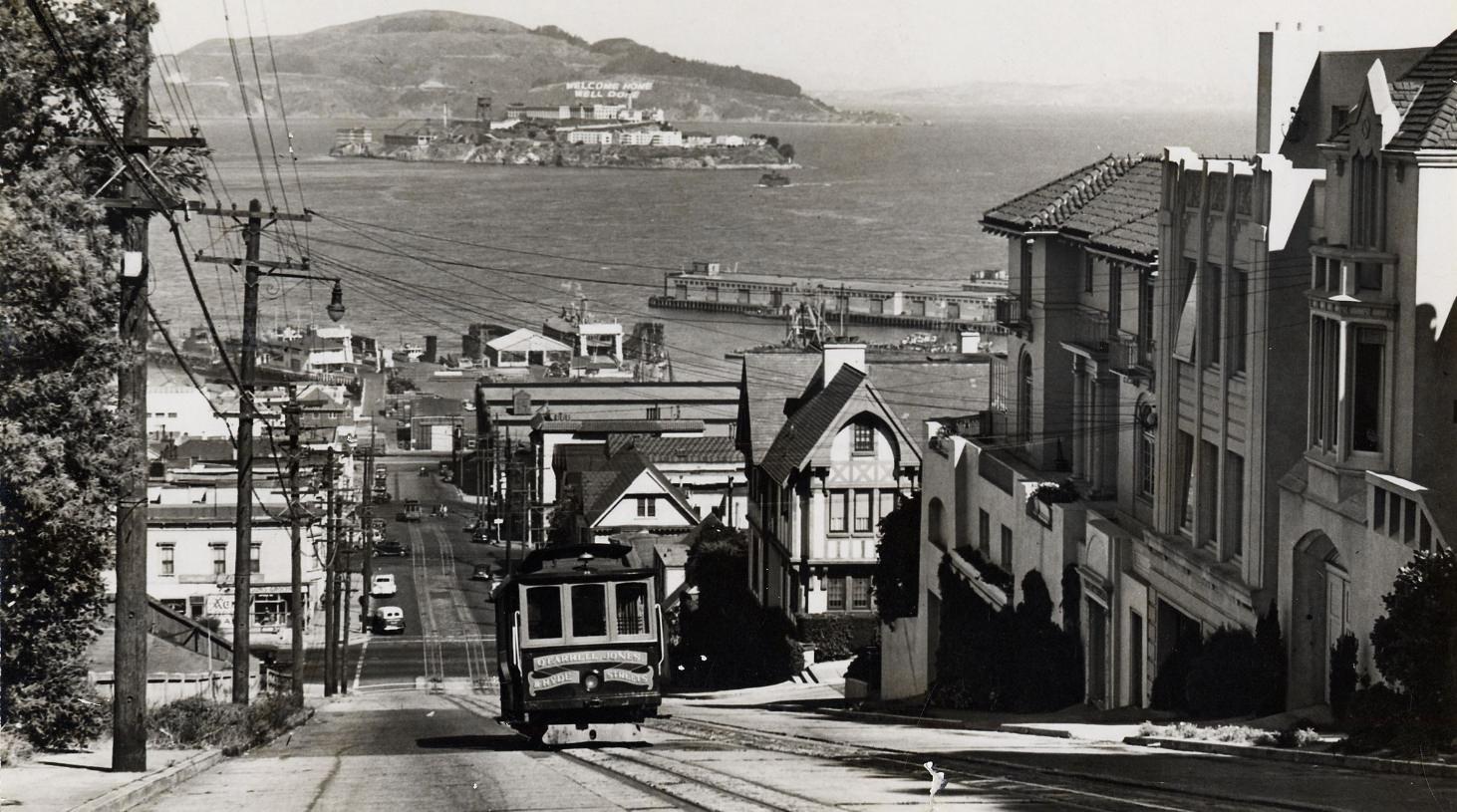 Looking down Hyde Street towards Alcatraz, 1945