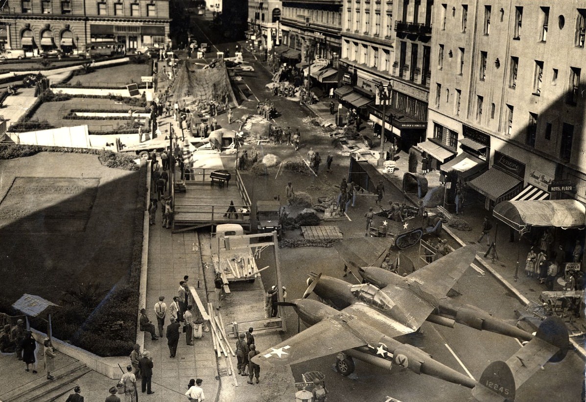 Preparations for a war bond drive on Post Street, 1943