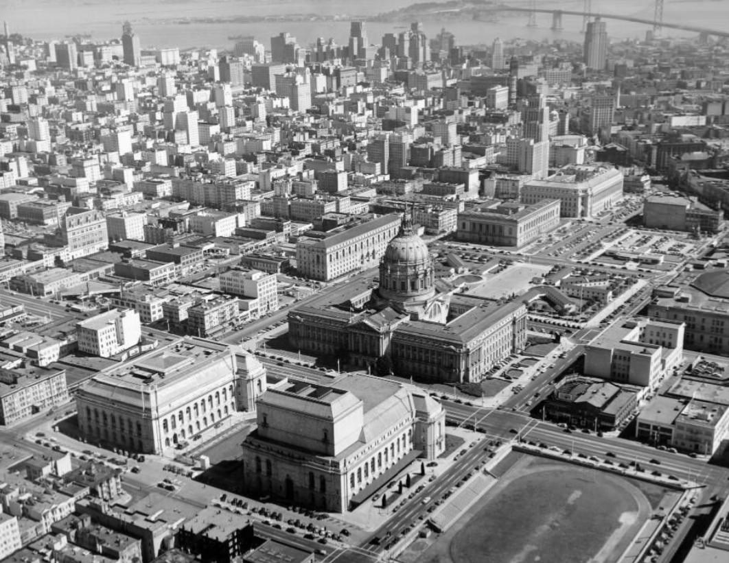 Aerial view of the Civic Center, 1945