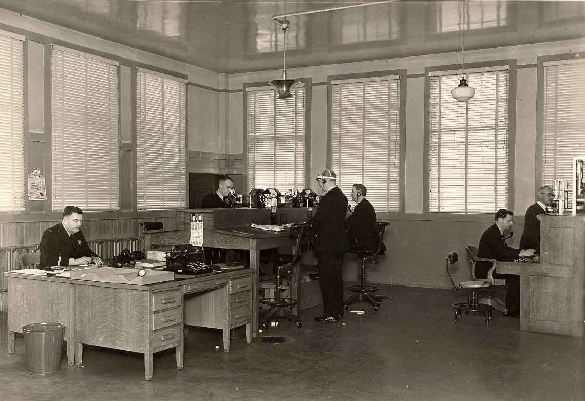 Officers in the communication room at Old Hall of Justice, 1933