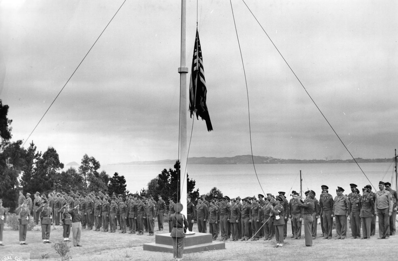 U.S. Army lowering flag on Angel Island, 1946