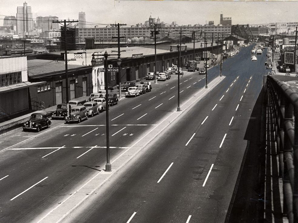 View of Third Street from overpass to China Basin, 1949