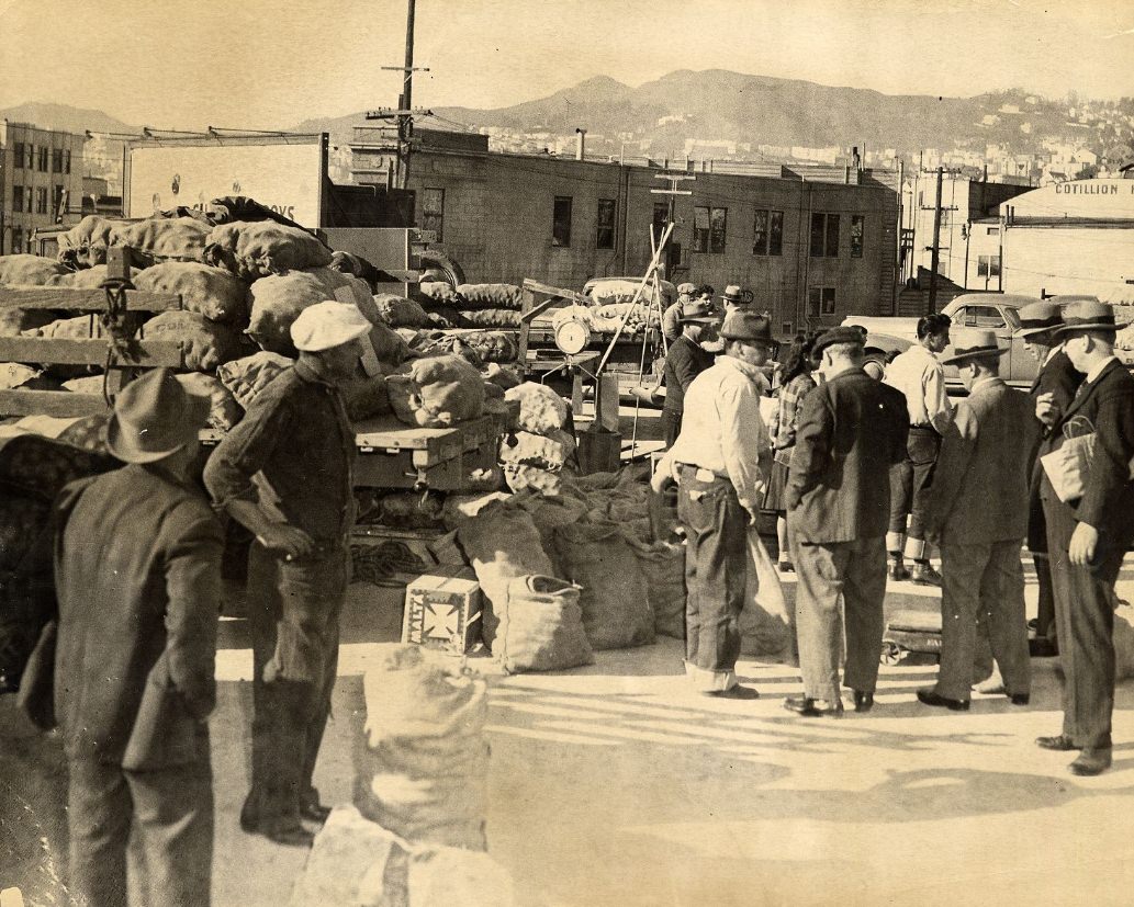 Delivery trucks at a produce market in San Francisco, 1944