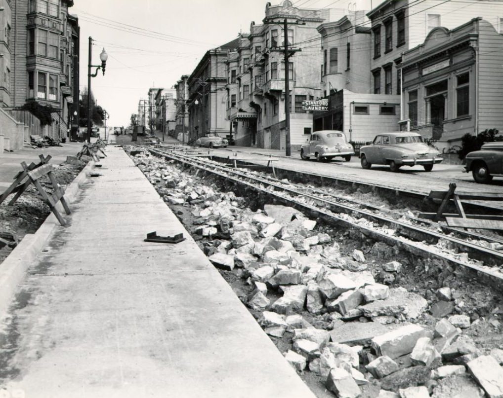 Cable car construction on Sacramento Street, 1949