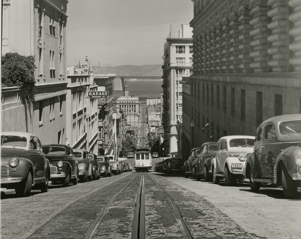 Sacramento Street overlooking the bay, 1940s