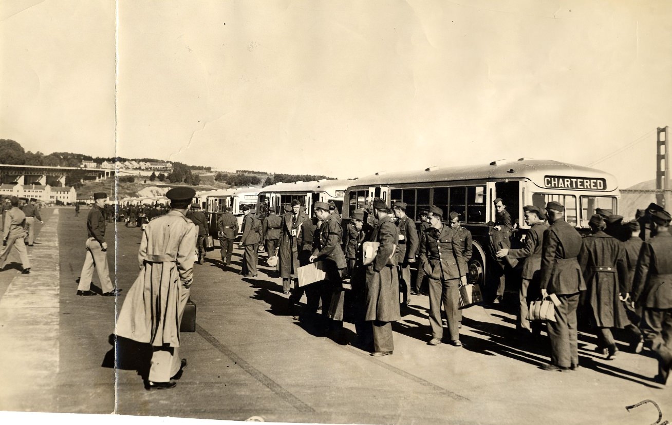 Troops arriving by bus to the Presidio, 1941