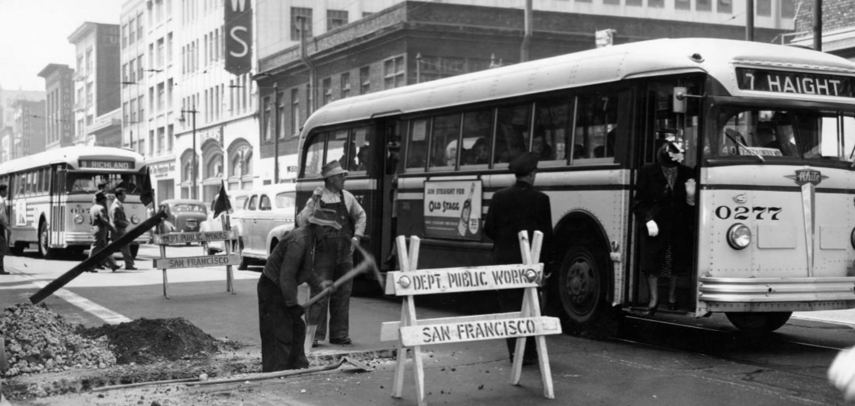 Public Works repair crew at Mission and 4th streets, 1949