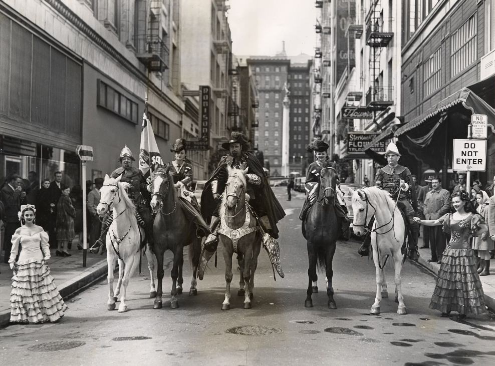 Don Gaspar De Portola and group on horses on Maiden Lane, 1948