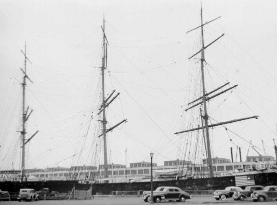 Sailing ship at a San Francisco pier, 1940s