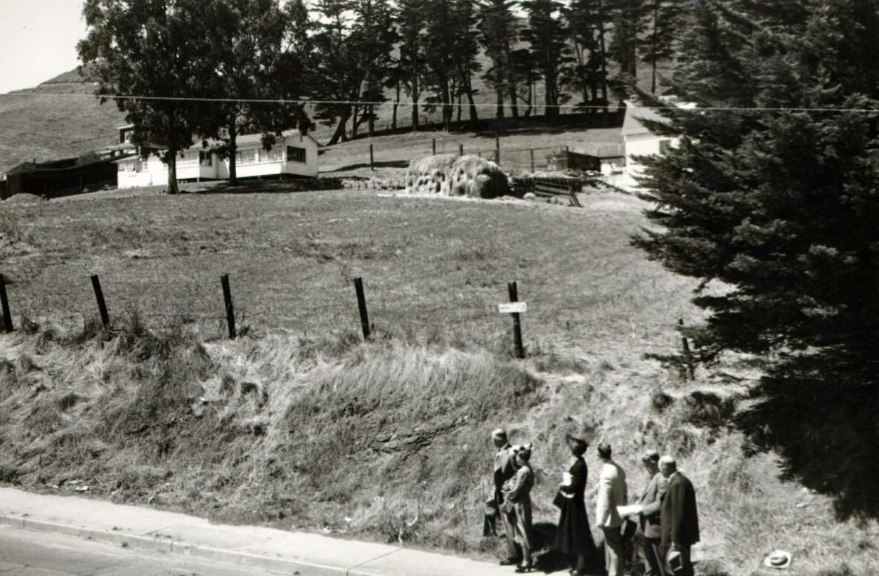 People inspecting a farm on Twin Peaks, 1948