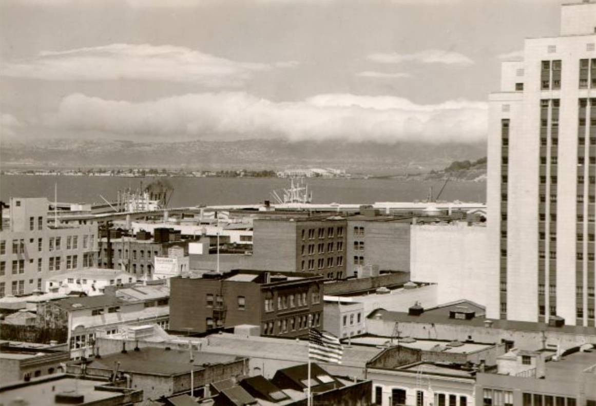 San Francisco waterfront view with Treasure Island, 1940s