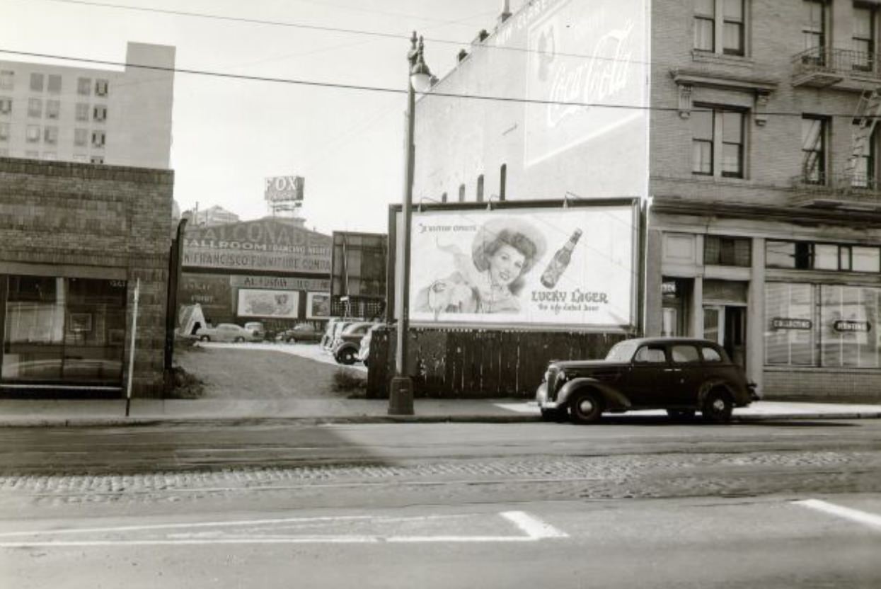 Billboard for Lucky Lager beer on Mission Street, 1945