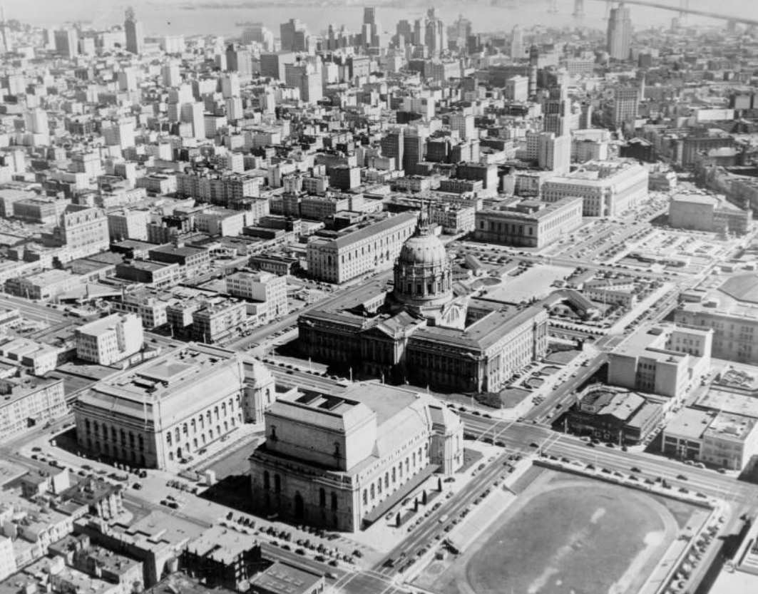 Aerial view of the Civic Center, 1945