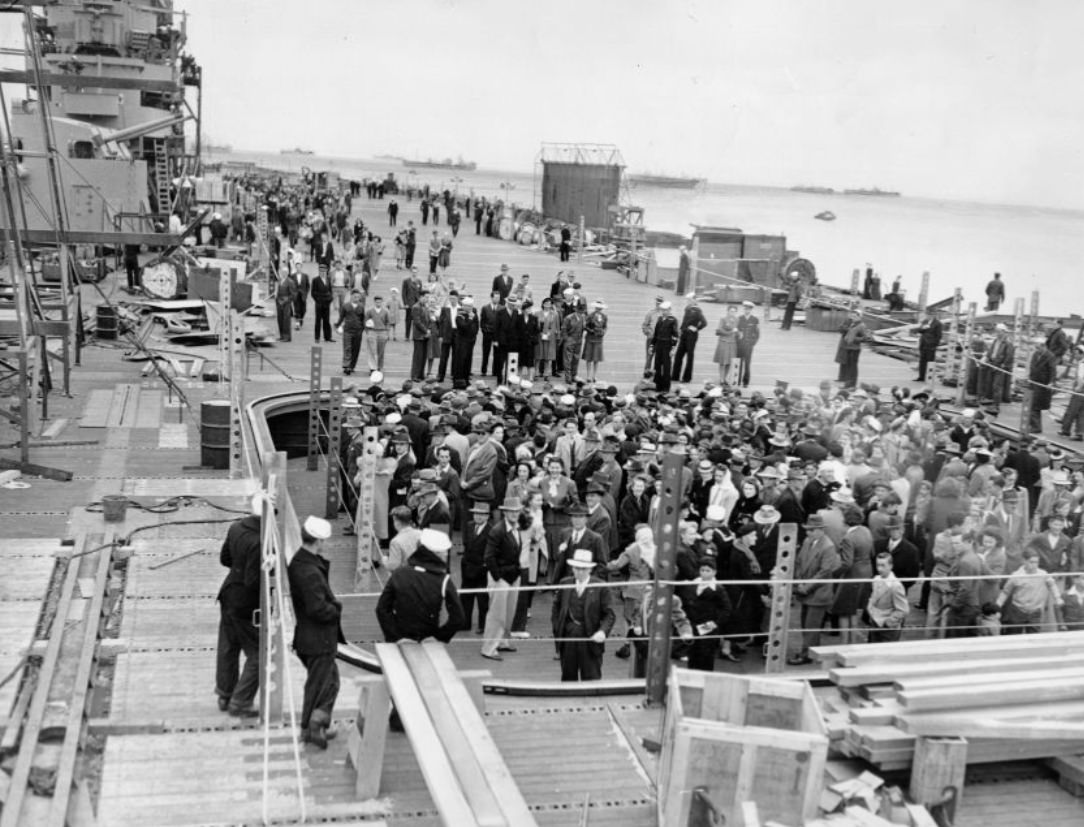 Civilians visiting the USS Hornet at Hunters Point Naval Shipyard, 1945