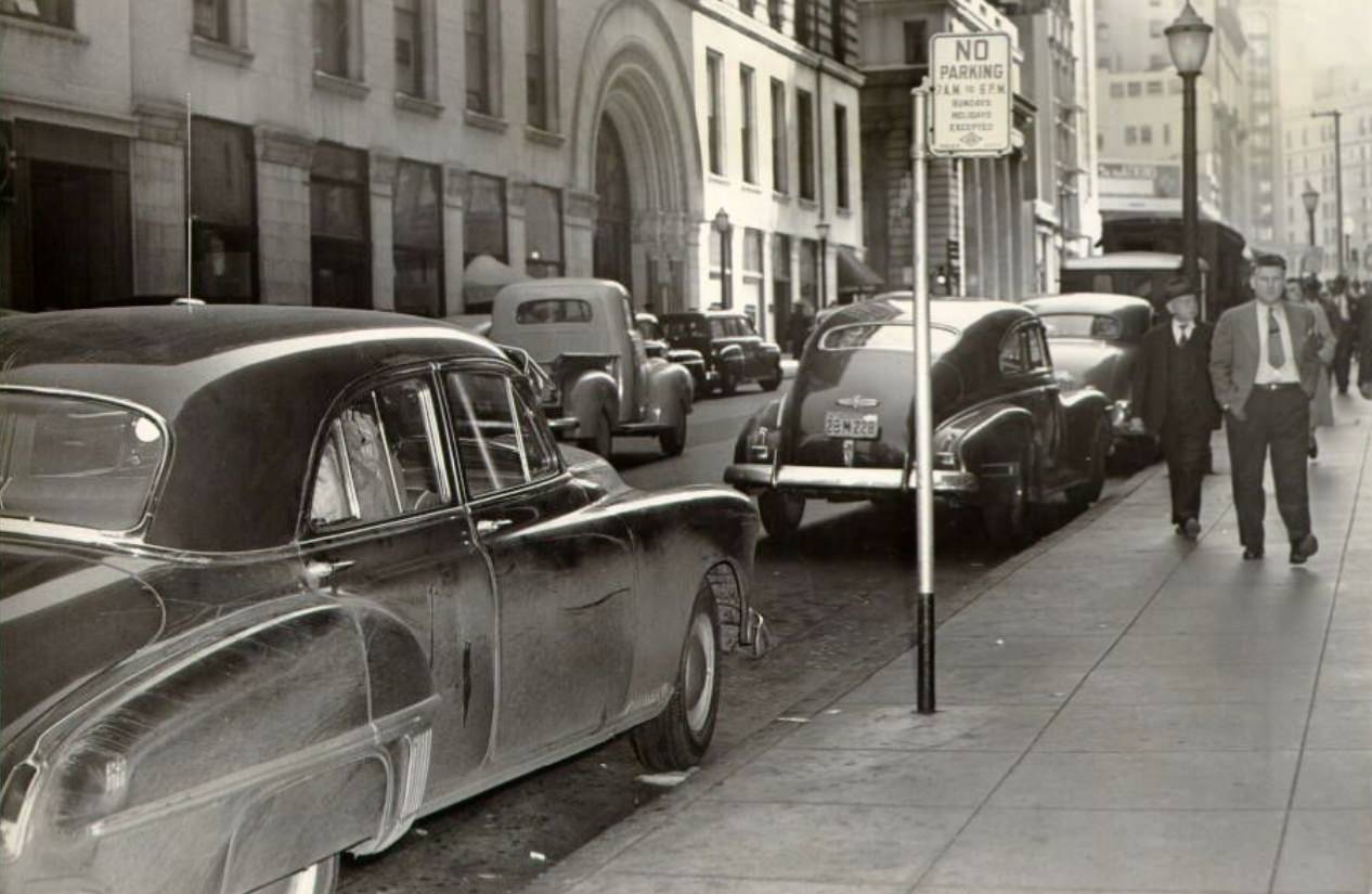 No Parking sign on Montgomery looking up from Pine Street, 1949