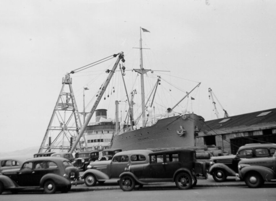 Ship docked at a San Francisco pier, 1940s