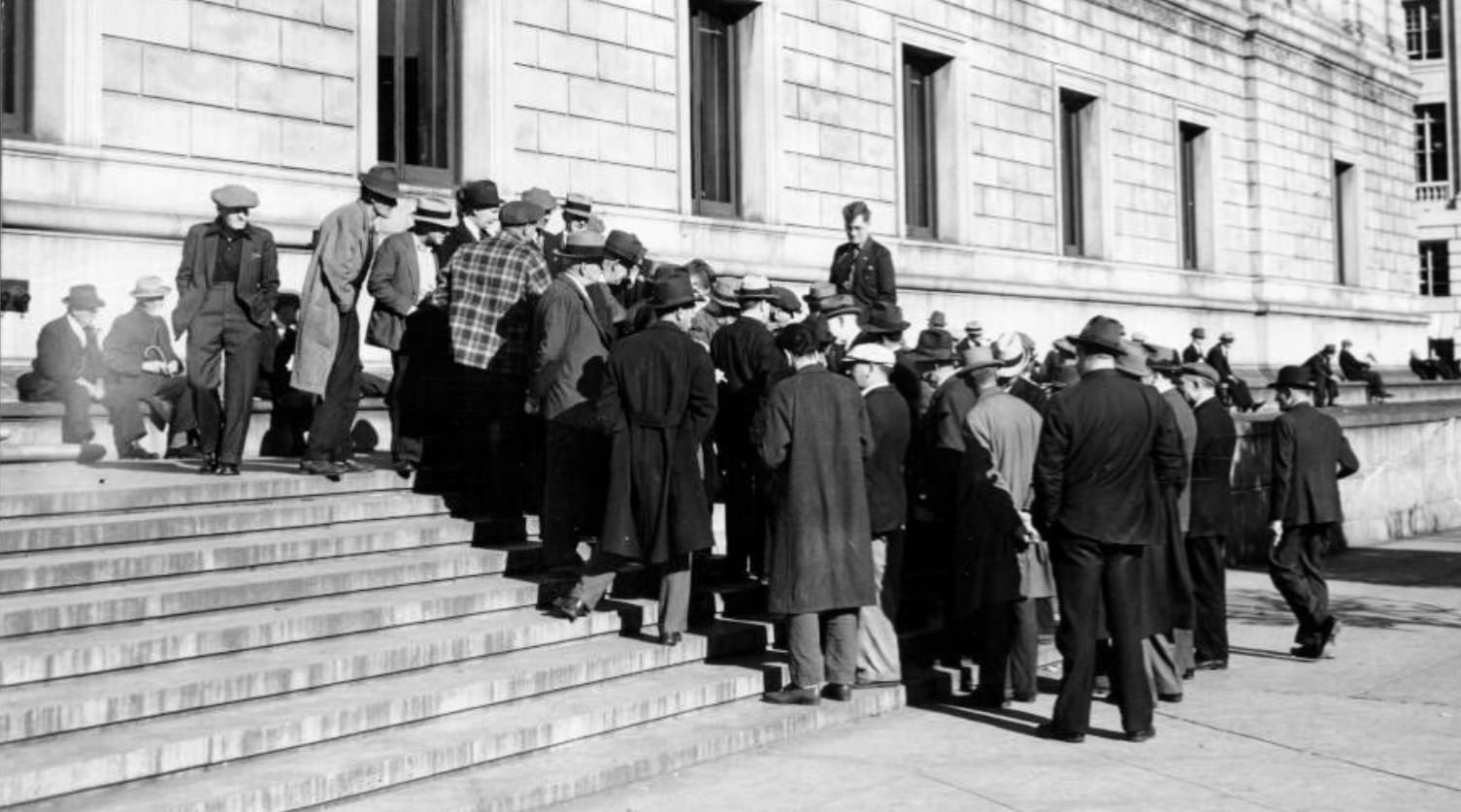 Main Library with debaters outside, 1941