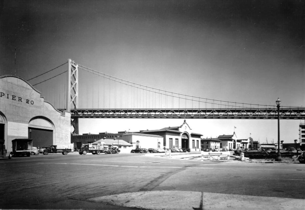 View of Bay Bridge from the Embarcadero, 1940s