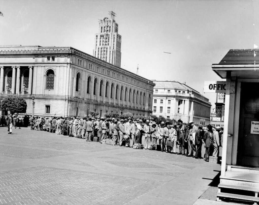 Chinese technicians registering for housing in the Civic Center, 1946