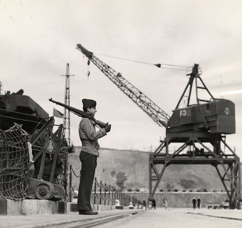 Guard at Hunters Point Naval Shipyard, 1944