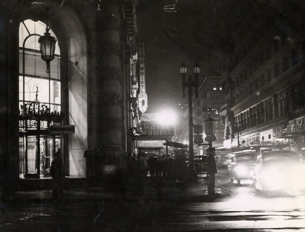 Intersection of Powell and Eddy streets at night, 1943