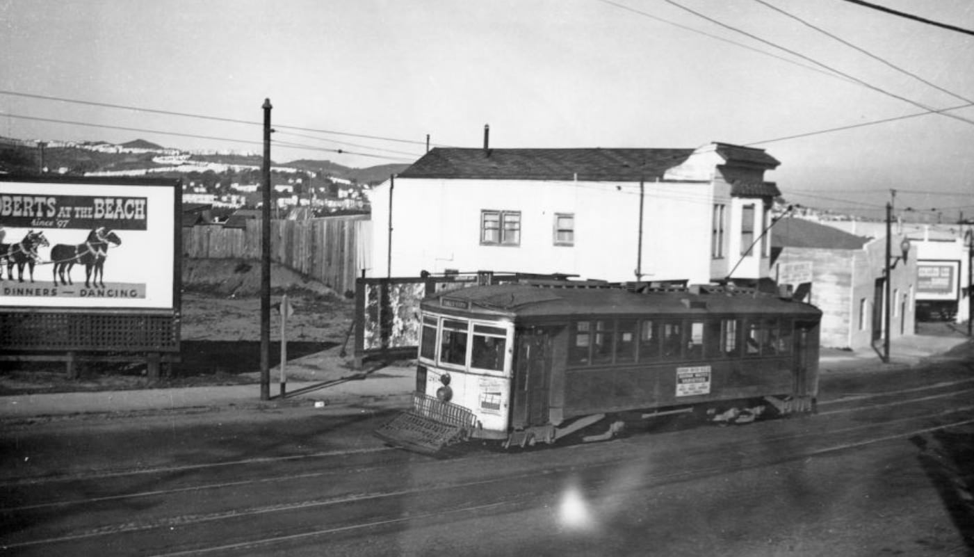 Streetcar on Mission Street near Daly City, 1948 or 1949