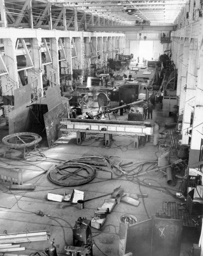 General view of the Welding Shop at U.S. Naval Drydocks, Hunters Point, 1940s