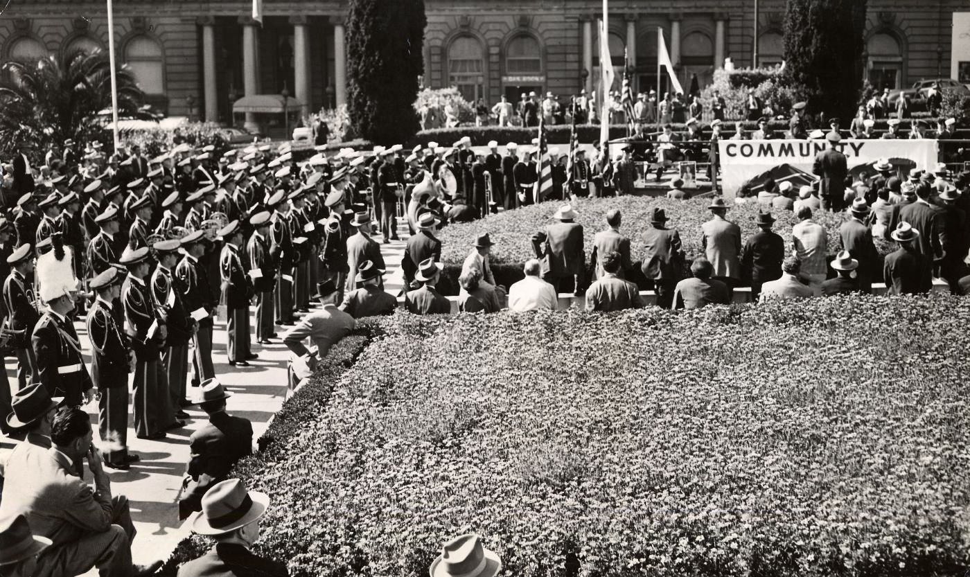 Martial music at Union Square for a Community Chest and Military fund campaign rally, 1950