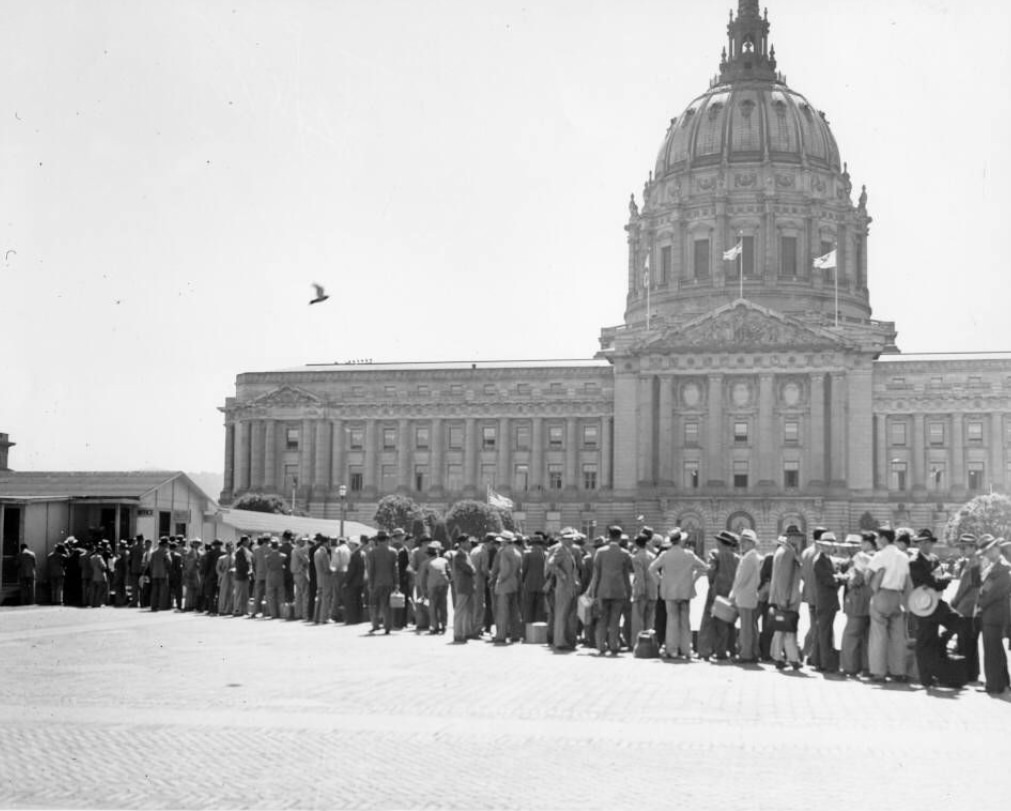 Chinese technicians registering for housing in the Civic Center, 1946