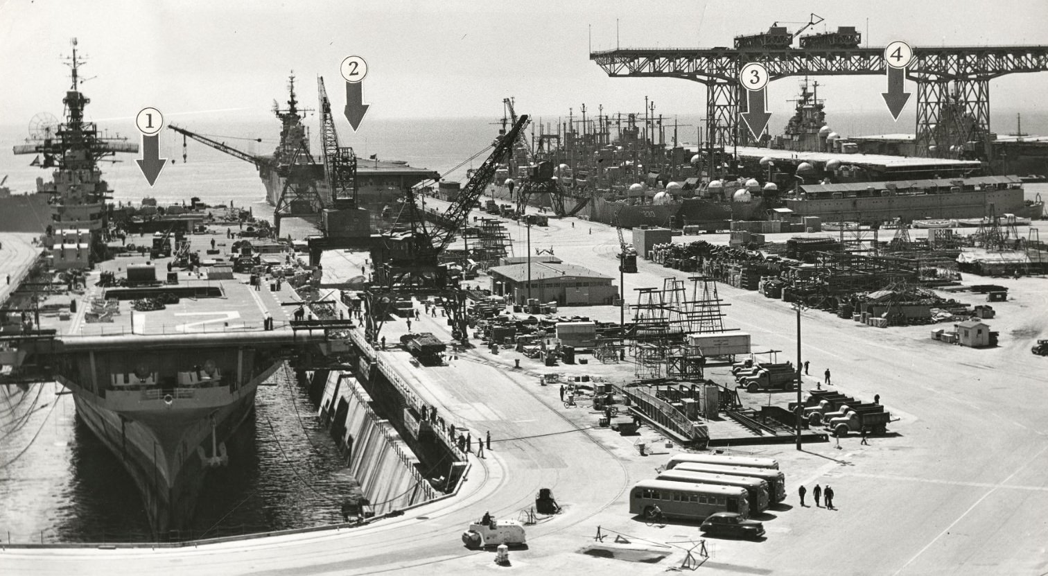 Four aircraft carriers at Hunters Point Naval Shipyard, 1947