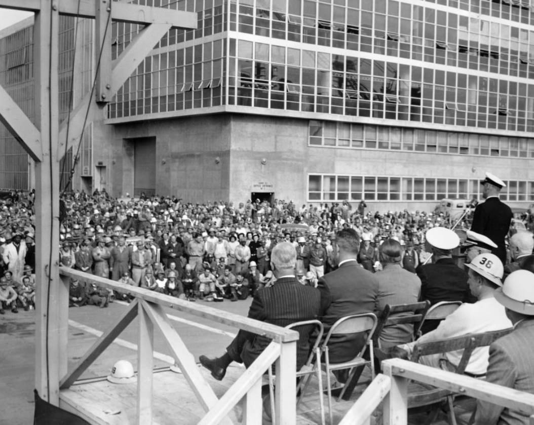 Rear Admiral Lynde D. McCormick addressing workers at Hunters Point Naval Shipyard, 1949