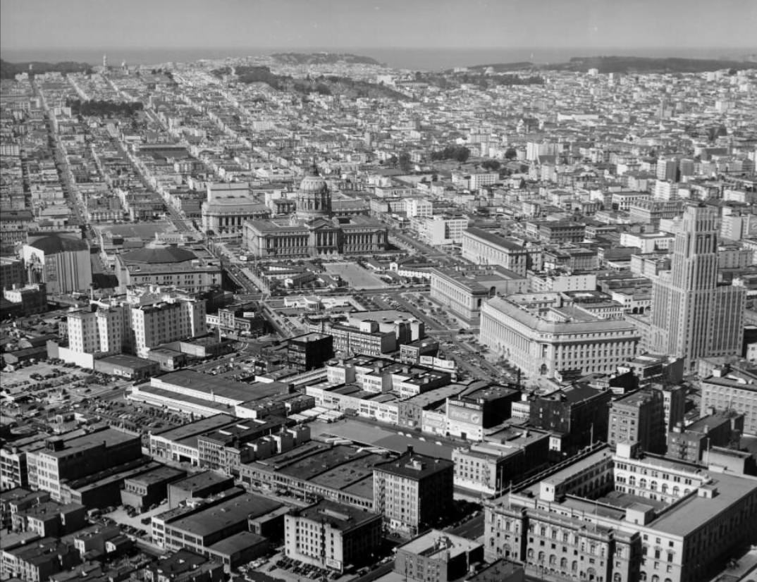 Aerial view of the Civic Center, 1945