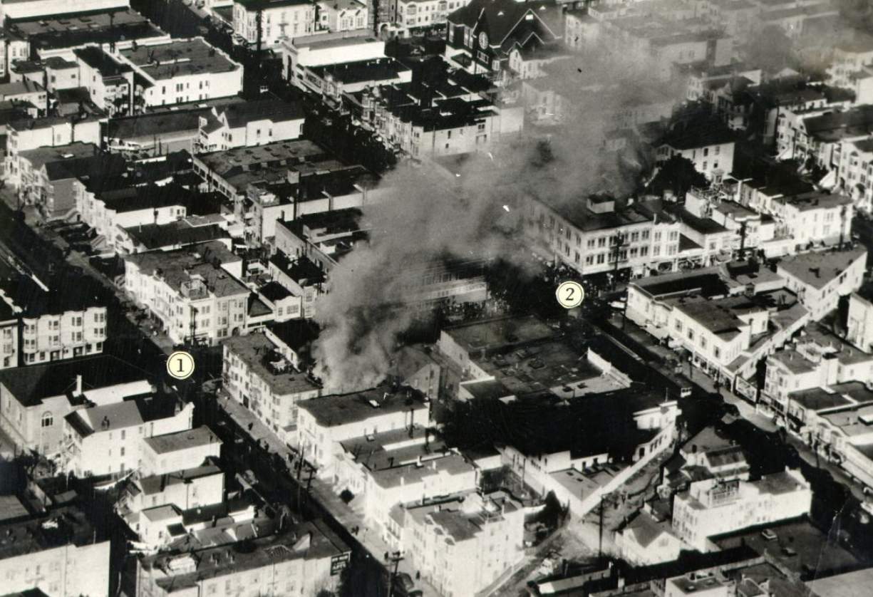 Aerial view of a fire in the Mission district on 24th Street, 1945