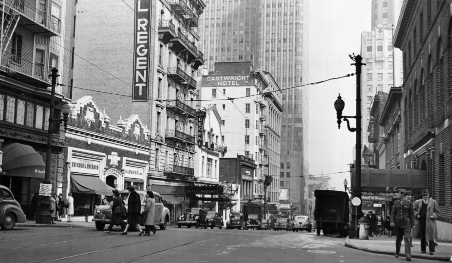 Sutter Street looking toward Powell Street from Mason, 1945