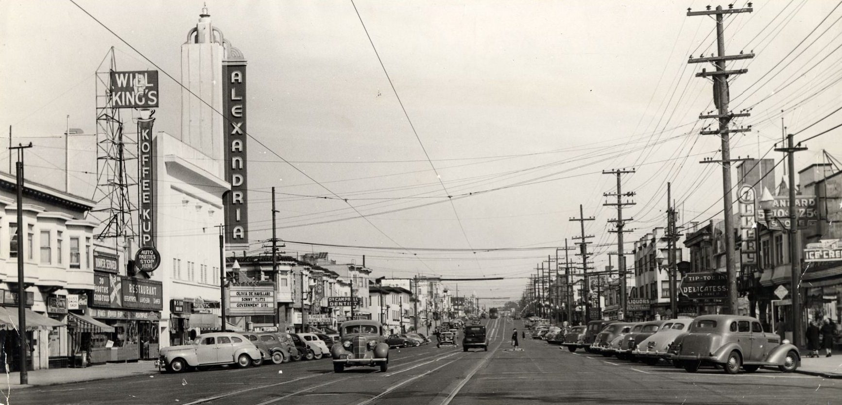 View of Geary Boulevard looking east from 18th Avenue, 1944